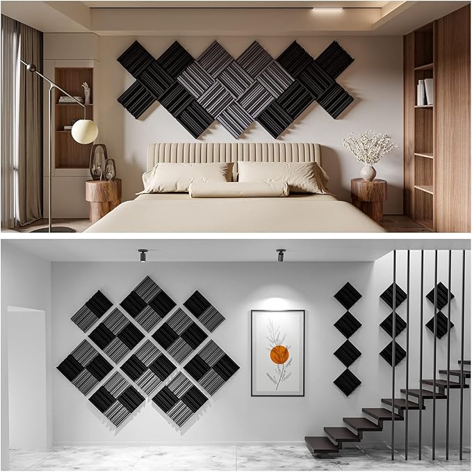 48 Pack Self-Adhesive Sound Proof Foam Panels for Wall,12" X 12" X 2" Acoustic Panels,High Resilience Sound Proofing Foam,Sound Absorbing Panel for Home Studios, Offices - Black