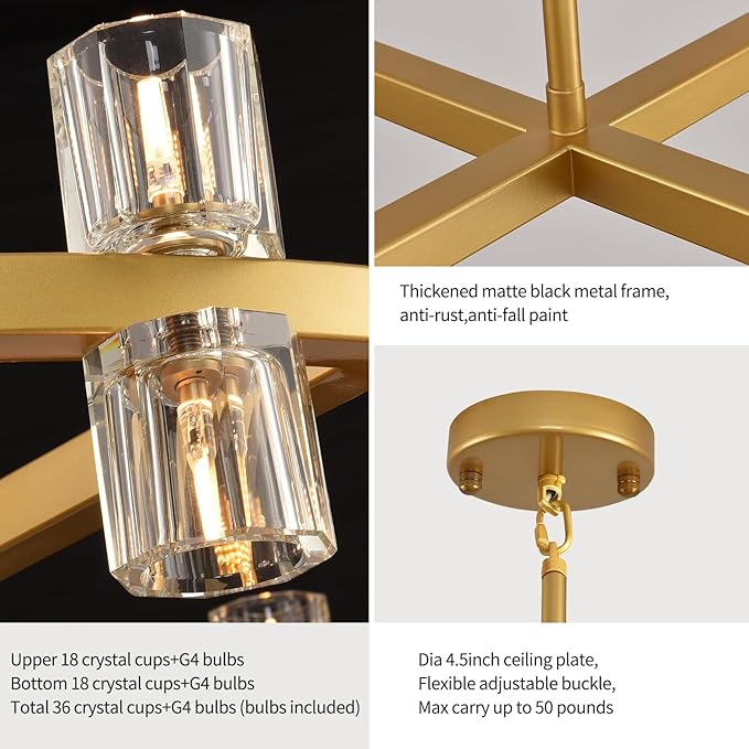 36" K9 Crystal Chandeliers, Gold Round Chandelier for Dining Room, Living Room, Dining Chandelier Over Table, Sutable for Bedroom,Foyer, Entryway, Stairs, Kitchen Includes Bulbs