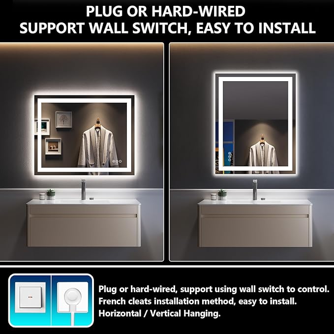 40x32 Inch LED Bathroom Mirror with Lights Front and Backlit Lighted Vanity Mirror for Bathroom Wall with 3 Colors Dimmable Anti-Fog Memory Shatter-Proof IP54 Waterproof Horizontal/Vertical