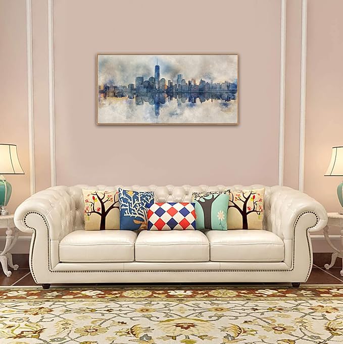 NYC Framed Canvas Wall Art Abstract Painting Wall Decor Indigo Blue Gray Panoramic Art Print New York Skyline Reflection Pictures Artwork Modern City Landscape Living Room Bedroom Decoration 20" x 40"