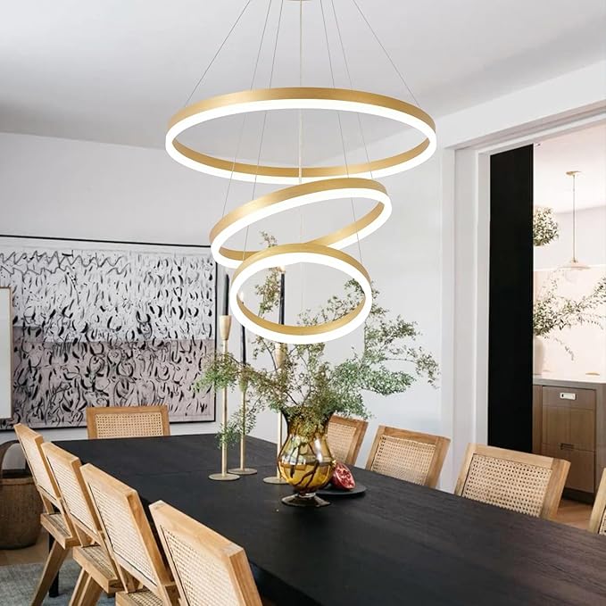 Modern Gold Chandelier Dimmable 3 Rings Chandelier Light Fixture 3000K-6500K Modern Led Pendant Light Color Changing Creative Design Kitchen Island Lighting Adjustable Hight