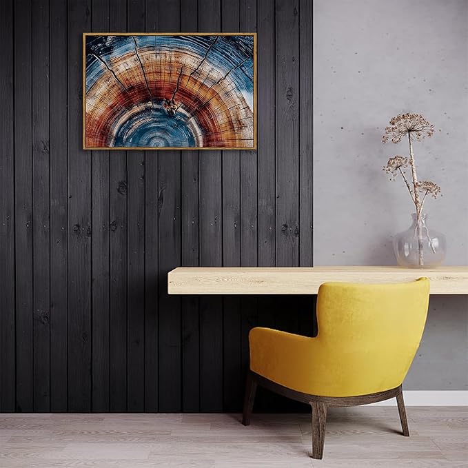 BingruiArt Framed Tree Ring Wall Art Wood Canvas Colorful Boho Wall Decor Rustic Artwork Abstract Painting Farmhouse Picture Nature Print for Living Room Bedroom Bathroom 16"x24" Natural Framed(01)