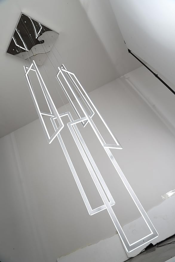 6-Rings Modern Chandelier,H138 Rectangle Chandeliers for Staircase,LED Dimmable High Ceiling Chandeliers Large Contemporary Chandelier for Villa Foyer Chrome