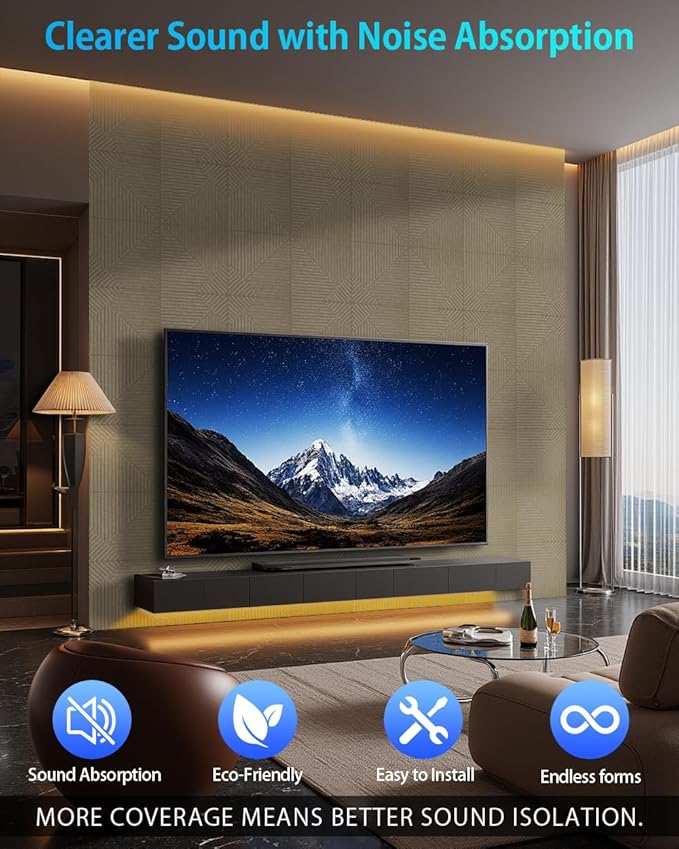 12 Pack Acoustic Wall Panels Self-Adhesive, 12" X 12" X 0.5" Decorative Acoustic Panels, Soundproof Wall Panels for Studio, Home & Living Room, Polyester - Three Zones Dark Cyan