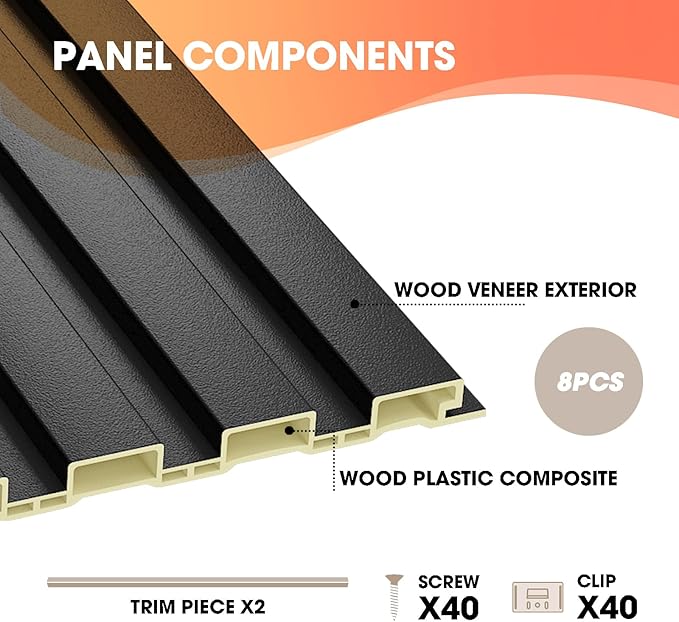 OUZUGIE WPC Acoustic Slat Wall Paneling, 8-Pack 96 x 6 Inches 3D Wall Panels for Interior Wall Decor,Living Room,TV Background,Study Room,Office Spaces,Bedroom,Low Grille (Black)