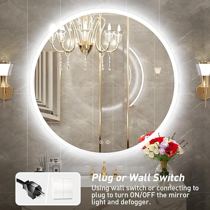 36 Inch Round LED Bathroom Mirror - 6000K Daylight Backlit, Anti-Fog & Dimmable, Frameless Waterproof Mirror with Touch Control, CRI90+, IP54 for Vanity & Makeup