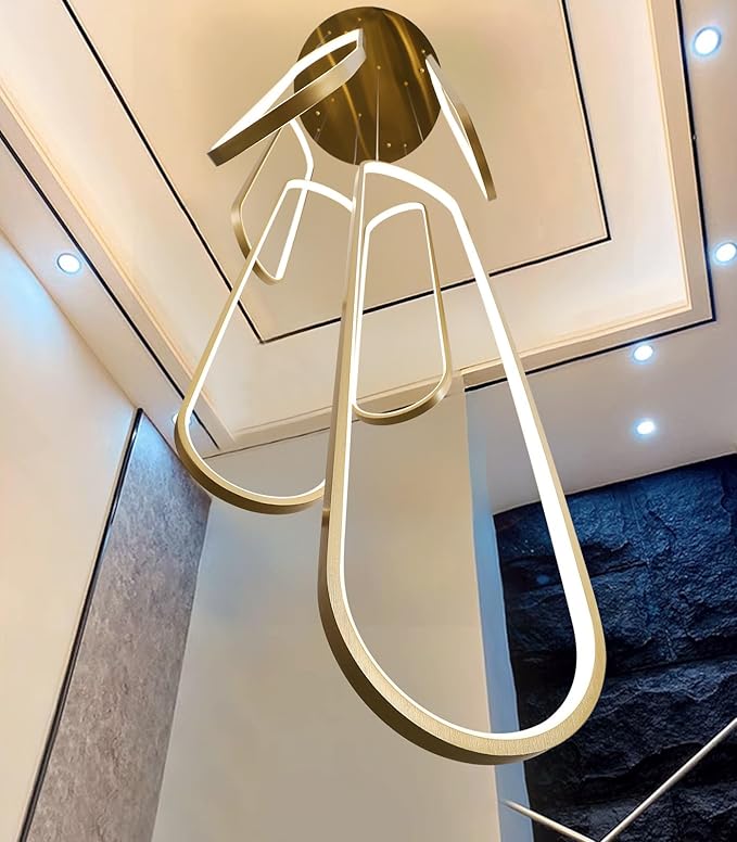 6-Rings Modern Chandelier, LED Gold Large Contemporary Light for Staircase, Dimmable Flush Mount High Ceiling Chandeliers with Remote Control for Villa Foyer