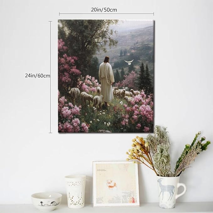 Jesus Wall Art Christian Jesus Lamb Wall Decor Religious God Canvas Painting Pictures Print Christ Decorations for Living Room Bedroom Church Framed Gifts 20”X24”