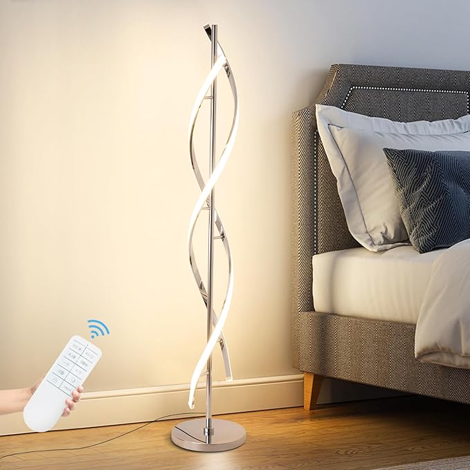 LED Modern Floor Lamp for Living Room, 40W 3 Colors Stepless Dimmable and Color-Changing Bright Floor Standing Lamp,60" Unique Spiral Floor Tall Lamp for Bedroom Office with Remote,Chrome