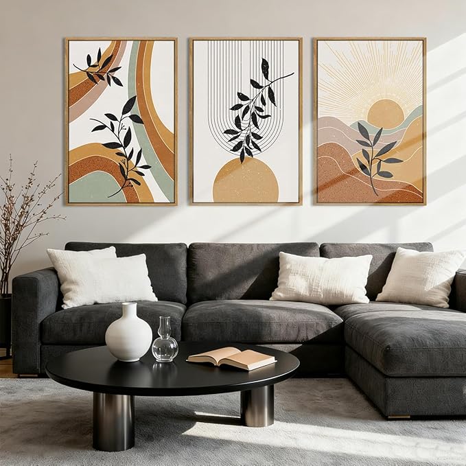 BINCUE Large Boho Framed Wall Art Painting Mid Century Modern Decor Prints for Living Room Bedroom Bathroom 16x24 Inch 3 Pieces