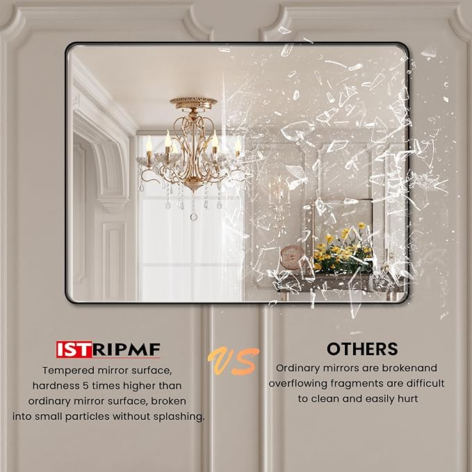 Black Metal Framed Bathroom Mirror for Wall,40X38 Rounded Rectangle Mirror, Matte Black Bathroom Vanity Mirror Farmhouse, Anti-Rust, Tempered Glass, Hangs Horizontally or Vertically