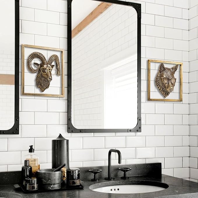 JJALIGHTS Animal Heads Wall Decor Resin Animals Sculptures Head Wall Hanging Decoration Imitation Copper vintage Wall Sculpture for Living Room Bedroom Office(Bighorn,Includes Metal Frame)