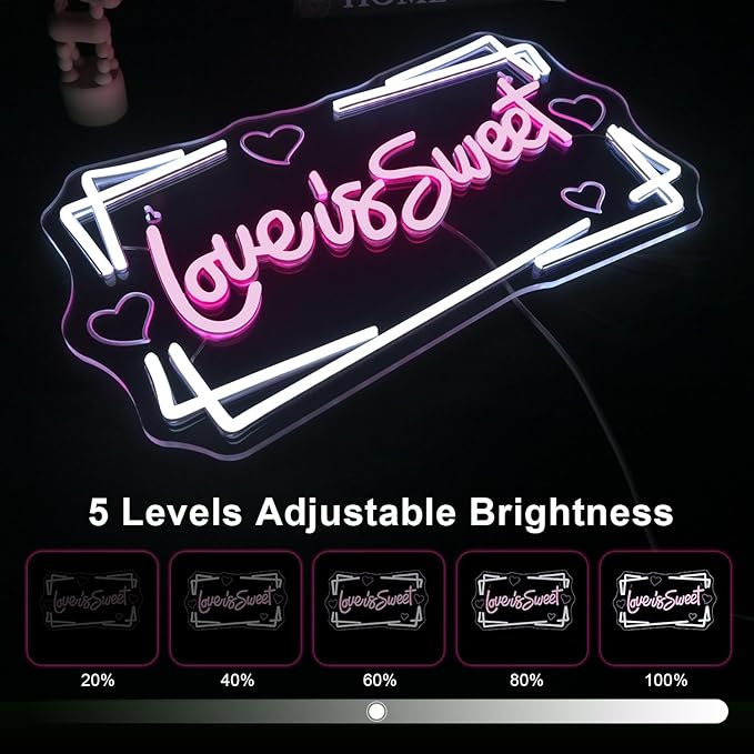 Lucunstar Love is Sweet Neon Sign,Led Light Sign for Wedding Decor Bridal Shower,USB Connectivity Led Sign with Dimming Switch for Home Wall Decor,Girls Decor,Party Room