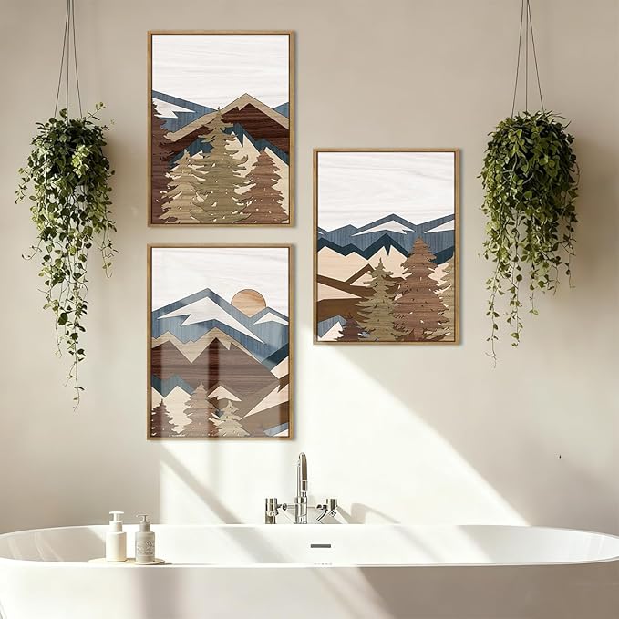 BINCUE Framed Mountain Wall Art Boho Landscape Wall Decor Mountain Artwork for Office Living Room Bedroom 12" Lx16 W Set of 3