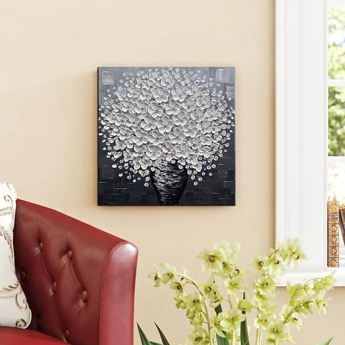 Modern White Floral Wall Art Canvas, 3D Textured Flowers in Black Vase, Hand-Painted Bouquet Painting for Living Room