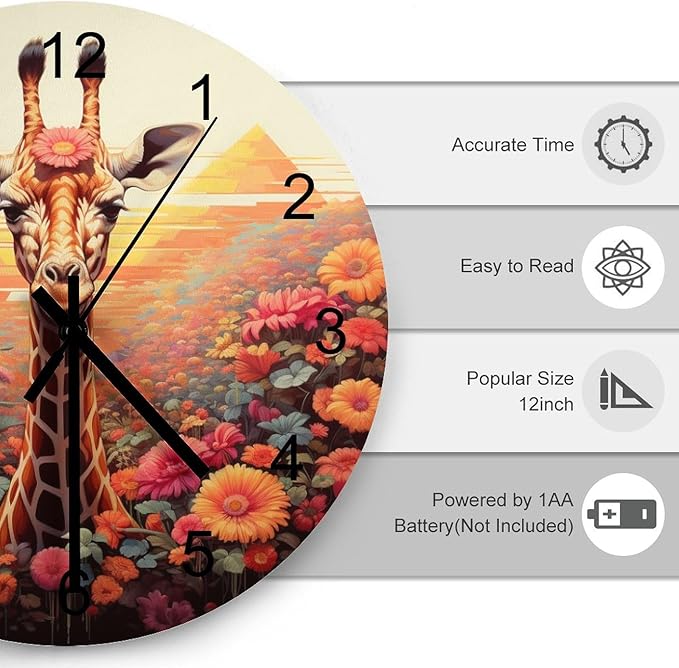 Cartoon Giraffe-Themed Round Wall Clock, Watercolor Flower Giraffe Cute Dream Children's Personalized Theme Decoration, Giraffe-Style Room, Living, Kitchen Wooden Silent Clock 12x12INCH