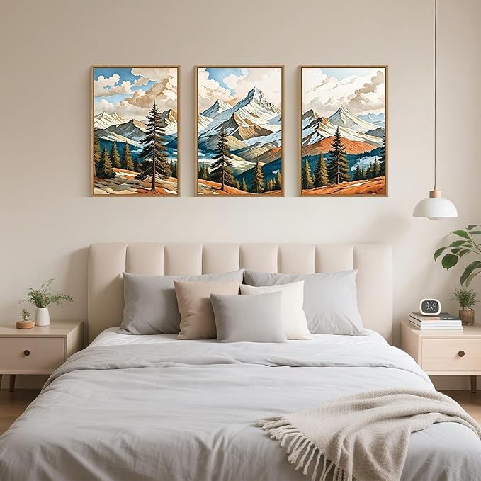 Large Woodcut Style Mountains Framed Canvas Wall Art,Vintage Pine Trees Wall Decor,Boho Natural Snow Ridge Artwork,Modern Woodland Landscape Art Print for Living Room,Bedroom,Office- 24"x36"x3