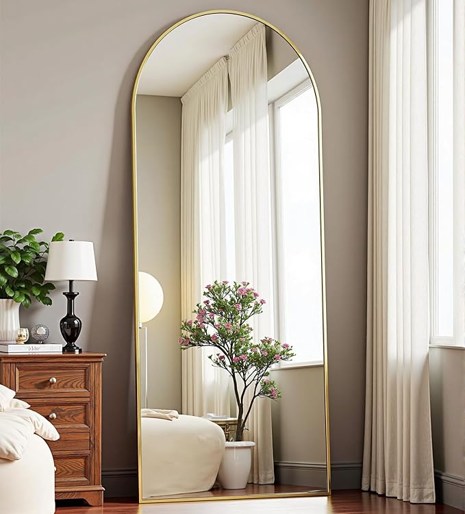Arched Gold Full Length Mirror, 58"X18" Large Floor Mirrors with Stand for Leaning or Hanging, Full Body Mirrors for Living Room,Bedroom, Dressing Room, Aluminum Alloy Frame, Gold