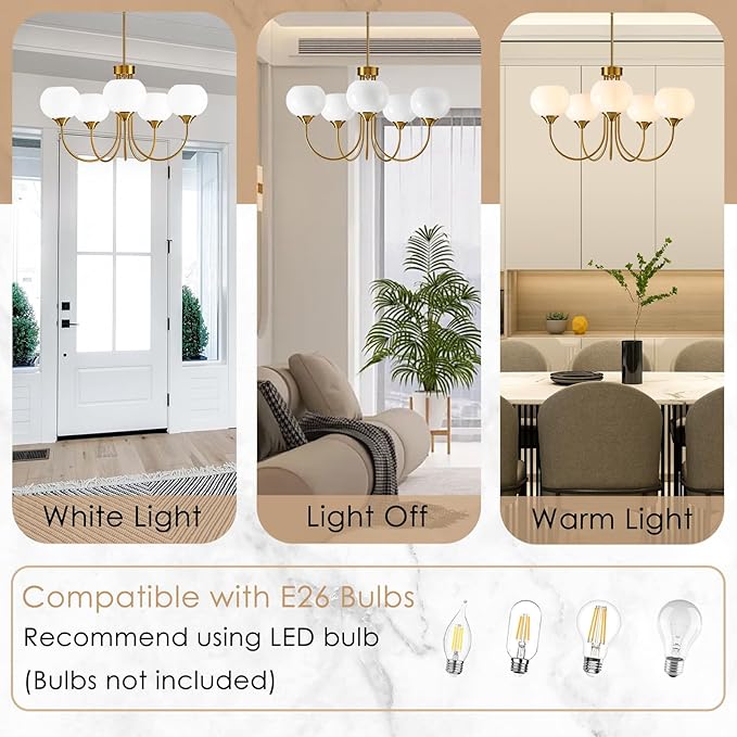 Modern Globe Chandelier 5 Light Mid Century White Milk Glass Vintage Sputnik Hanging Chandeliers Gold Pendant Light Fixtures for Dining Room Kitchen Living Room Bedroom