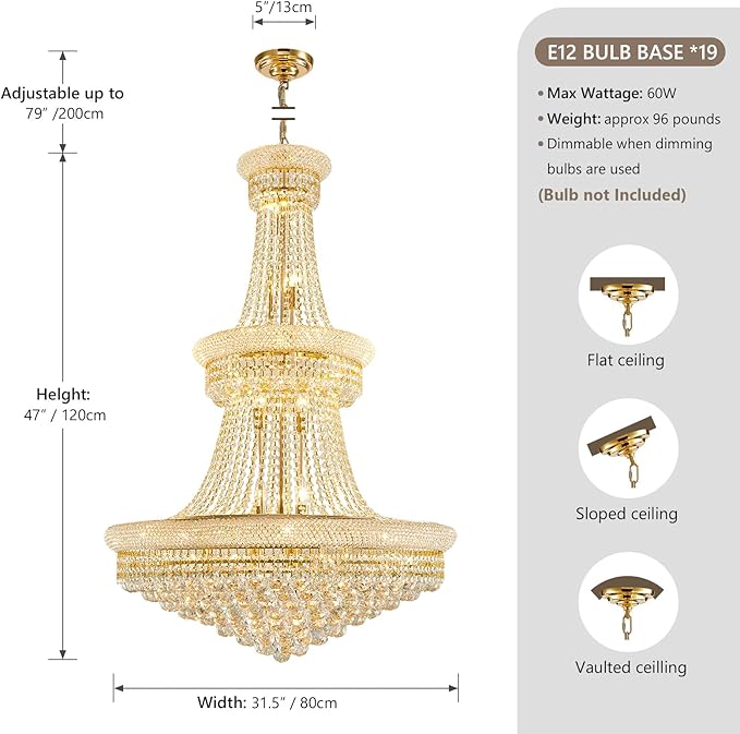 19-Lights Gold Large Crystal Chandelier Light Fixture, 3-Layer Luxury Empire Chandeliers Modern High Ceiling Hanging Chandelier for Living Room,Foyer,Staircase,Entryway (Gold,D31.5 x H47)