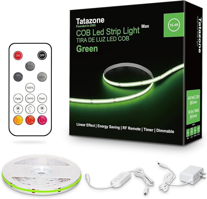 16.4ft Green COB Led Strip Lights with RF Remote, Dotless, Indoor, Dimmable, Adhesive Led COB Light Strip for Cabinet, Room, Bed, Paintings