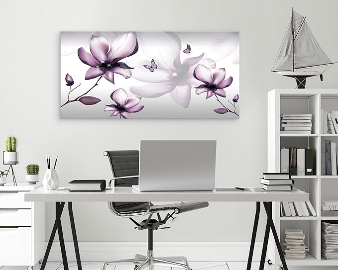 Muolunna BK06562 Purple Magnolia with Butterfly Flower Canvas Wall Art Picture 1 Panel 3D Wallpaper Modern Art Prints Painting for Bedroom Modern Office Wall Decor Artwork