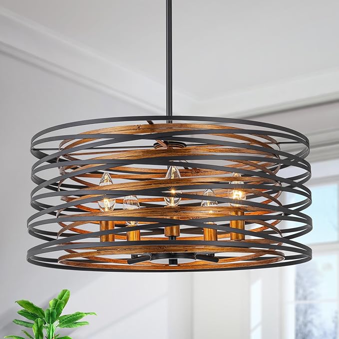 5-Light Farmhouse Drum Chandeliers, 2-Tiers Pendant Light Fixture for Dining Room, Living Room, Bedroom, Adjustable Height 17~47", Wood Texture & Matte Black Finish