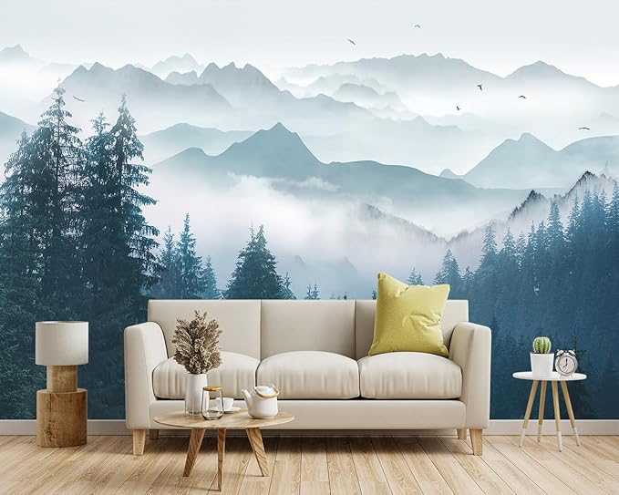 -Foggy Forest Pine Scenery Fabric Wallpaper Living Room Bedroom Bathroom Mountain Wall Mural- 91"x65"（ not Peel and Stick）