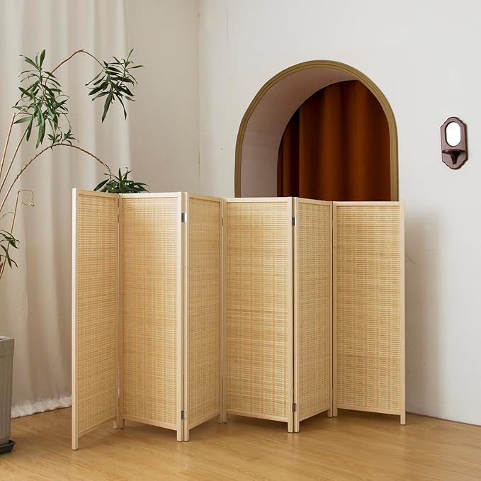 6 Panel Short Panel Divider Screen,3.95 FT Tall Bamboo Room Divider Folding Privacy Screen,Short Panel Divider Freestanding Room Divider for Room Seperation,Beige