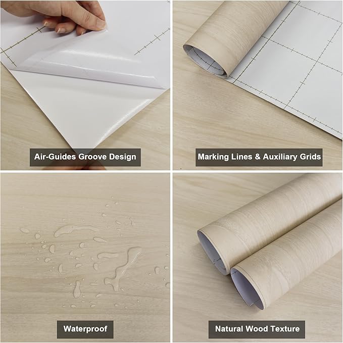 16"x78.7" Light Oak Contact Paper Cream White Wood Furniture Wrapping Paper Self Adhesive No Bubble Cabinet Film Vinyl Wrap Textured Peel and Stick Wallpaper Renter Friendly for Countertop