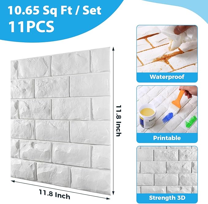 11 Pcs 3d Wall Panels Peel and Stick, White Brick Printable Faux Paneling Self Adhesive Waterproof 3d Wallpaper Stick and Peel for Bedroom, Bathroom, Kitchen, Fireplace (10.65 sq feet Coverage)
