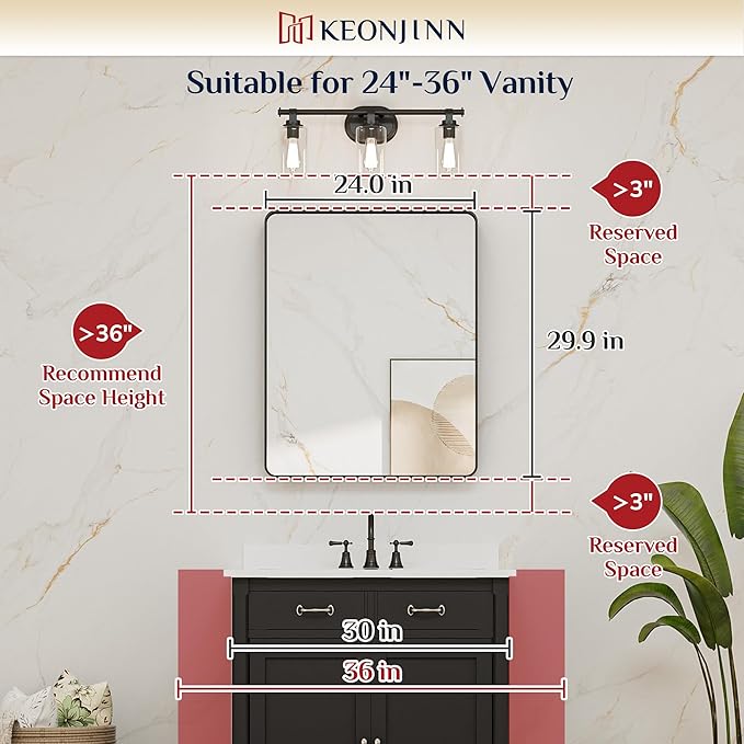 Keonjinn 28 x 36 Inch Brushed Nickel Bathroom Mirrors for Over Sink, Rounded Rectangle Silver Bathroom Vanity Mirror, Farmhouse Mirror for Wall, HD Tempered Glass, Anti-Rust Aluminum Alloy Mirror