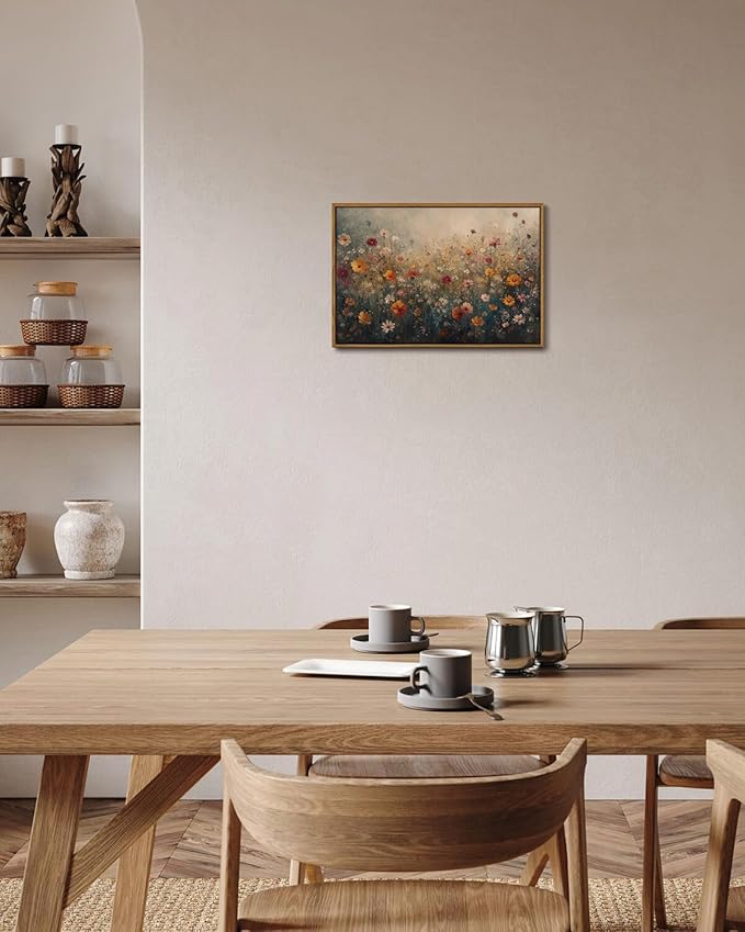 KISSFOX Vintage Framed Wall Art Farmhouse Dreamy Wildflower Field Canvas Art Colorful Daisy Floral Paintings Artwork Natural Rustic Art Prints For Bedroom Bathroom Living Room