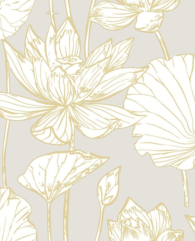 NextWall Lotus Floral Peel and Stick Wallpaper (Metallic Gold & Gray)