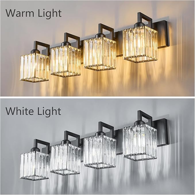 Black Bathroom Light Fixture, 4-Light Crystal Vanity Lighting, Bathroom Lighting Fixtures Over Mirror, Modern Crystal Wall Lamp