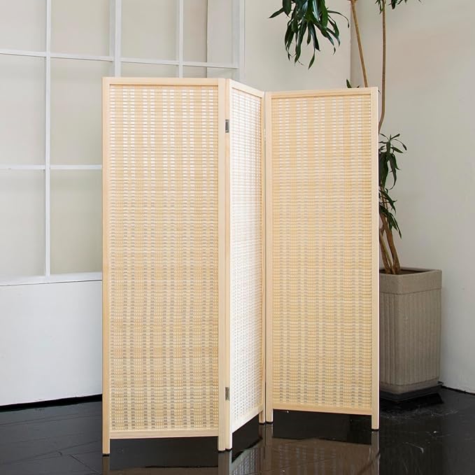 3 Panel Short Room Divider Folding Screen,47 inch Bamboo Panel Divider for Home Partition,Beige