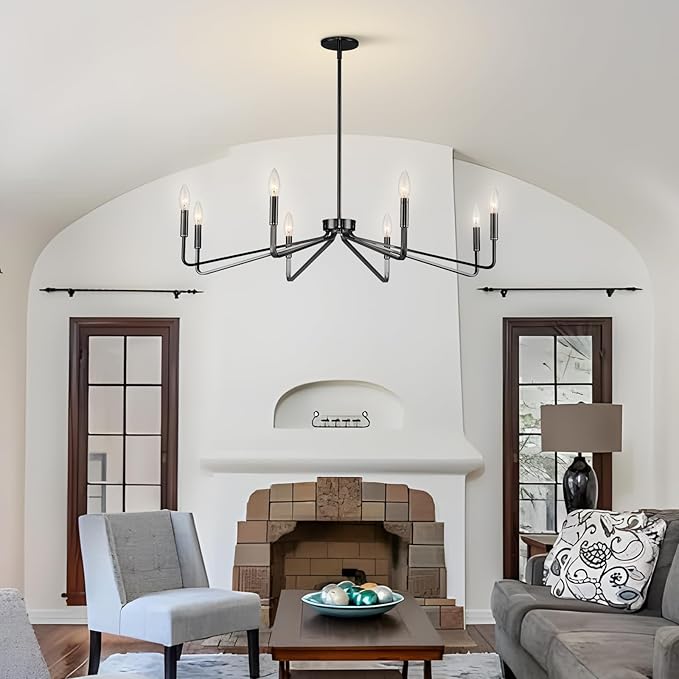 38" Black Chandeliers for Dining Room, 8-Light Modern Farmhouse Candle Style Chandelier, Industrial Hanging Ceiling Light Fixture for Living Room, Kitchen Island, Living Room