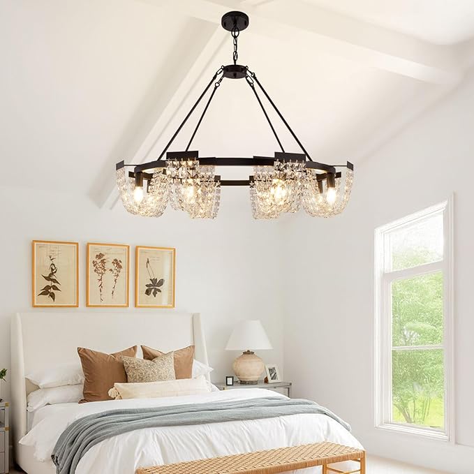 36" Black Chandelier, 6-Light Crystal Chandeliers for Dining Room, Dining Room Light Fixtures Over Table, Farmhouse Kitchen Island Lighting, Modern Pendant Lights for Living Room, Bedroom, Entryway