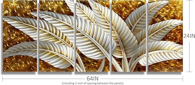BATRENDY ARTS Silver Banana Leaves Metal Wall Art Decor Rustic Golden Aluminium Artwork Sculpture 5-panel Hand Polished Decorative Hangings for Livingroom Bedroom