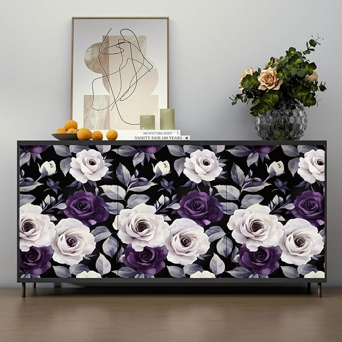 Black Foral Wallpaper Peel and Stick Dark Purple and White Rose Contact Paper, Vintage Self-Adhesive Removable Flower Wall Paper for Bedroom Countertop Desk Cabinets Decor 17.4" x 118" Renter Friendly