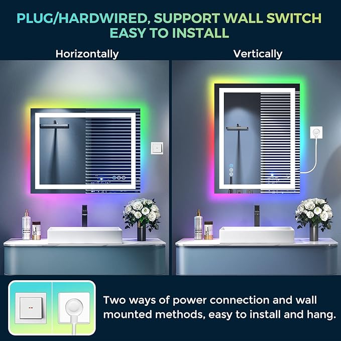 24x32 Inch RGB LED Bathroom Mirror Front Light and RGB Backlit Lighted Vanity Mirror for Bathroom Wall Mounted Dimmable Anti Fog Memory Shatter-Proof IP54 Waterproof Horizontal/Vertical