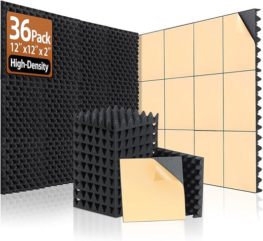 36 Pack Acoustic Foam Panels with Self Adhesive 12" X 12" X 2" Sound Proof Foam Panels for walls High Density Egg-Crate Soundproof Wall Panels for Studio Office Gaming Room