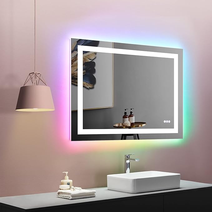 LOAAO 40"X32" LED Bathroom Mirror with Lights, Anti-Fog, Dimmable, RGB Backlit + Front Lighted, Bathroom Vanity Mirror for Wall, Memory Function, Colorful Multiple Light Modes