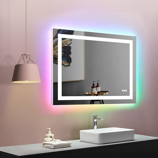 LOAAO 40"X32" LED Bathroom Mirror with Lights, Anti-Fog, Dimmable, RGB Backlit + Front Lighted, Bathroom Vanity Mirror for Wall, Memory Function, Colorful Multiple Light Modes