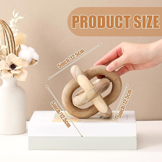 3 Link Wood Knot Decor - Hand Carved Coffee Table Decoration, Boho Chain Link Decor, Modern Shelf, Rustic Objects for Home Living Room Bedroom (Acacia Wood)