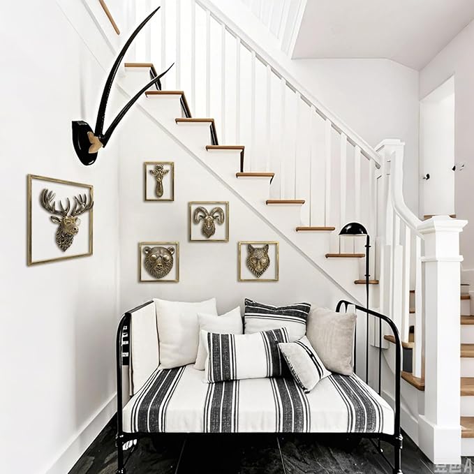 JJALIGHTS Animal Heads Wall Decor Resin Animals Sculptures Head Wall Hanging Decoration Imitation Copper vintage Wall Sculpture for Living Room Bedroom Office(5pcs,Includes Metal Frame)