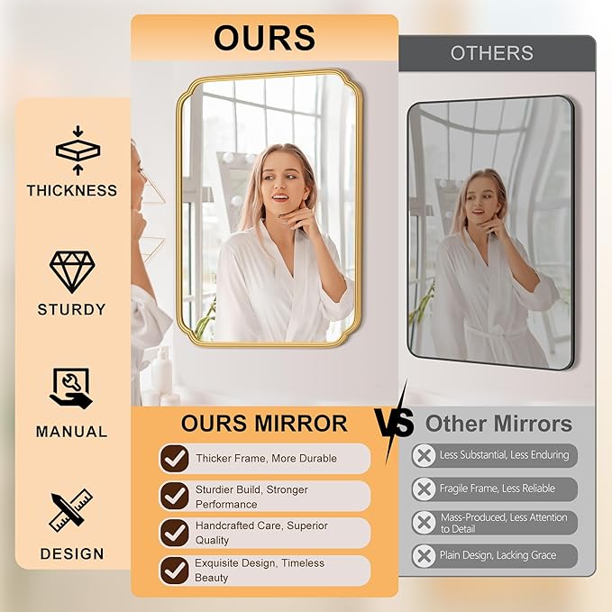 28"x36" Gold Bathroom Mirror with Rustproof Metal Frame, Modern Rounded Corner Wall Mirror for Vanity Over Sink, Horizontal/Vertical Hanging