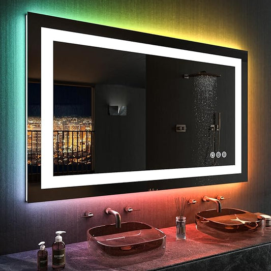 LOAAO 48"X28" LED Bathroom Mirror with Lights, Anti-Fog, Dimmable, RGB Backlit + Front Lighted, Bathroom Vanity Mirror for Wall, Memory Function