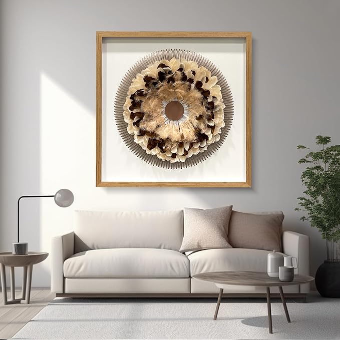 BrightA Handmade Bohemian Wall Art Circular Feather and Leather Wall Sculpture with Organic Textured Gray Backdrop Boho Decor for Living Room Study Spaces 59"x59"