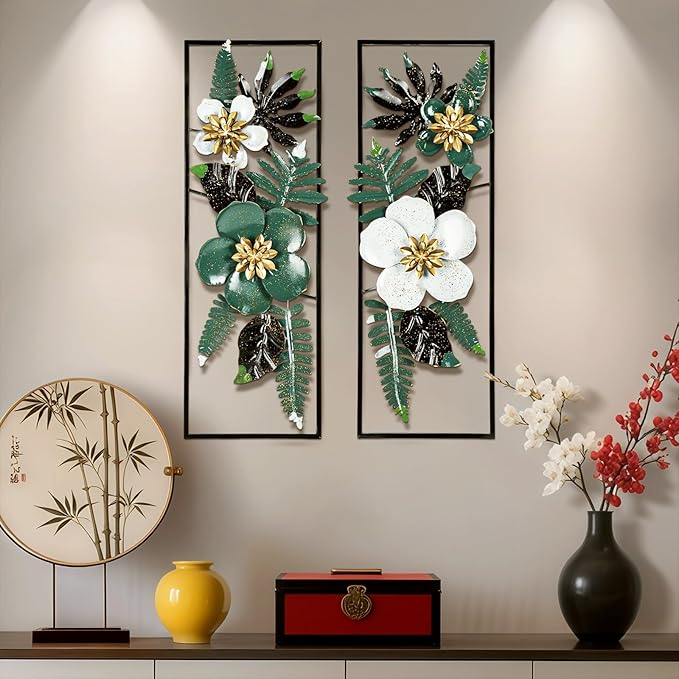 Metal 3D Wall Art Decor 2 Pcs 34" x 15" Wall Decor Handmade Green Leaf Flower Hanging Home Decor with Frame Wall Sculptures Modern for Living Room, Bedroom, Dining Room, Office and Hotel Large